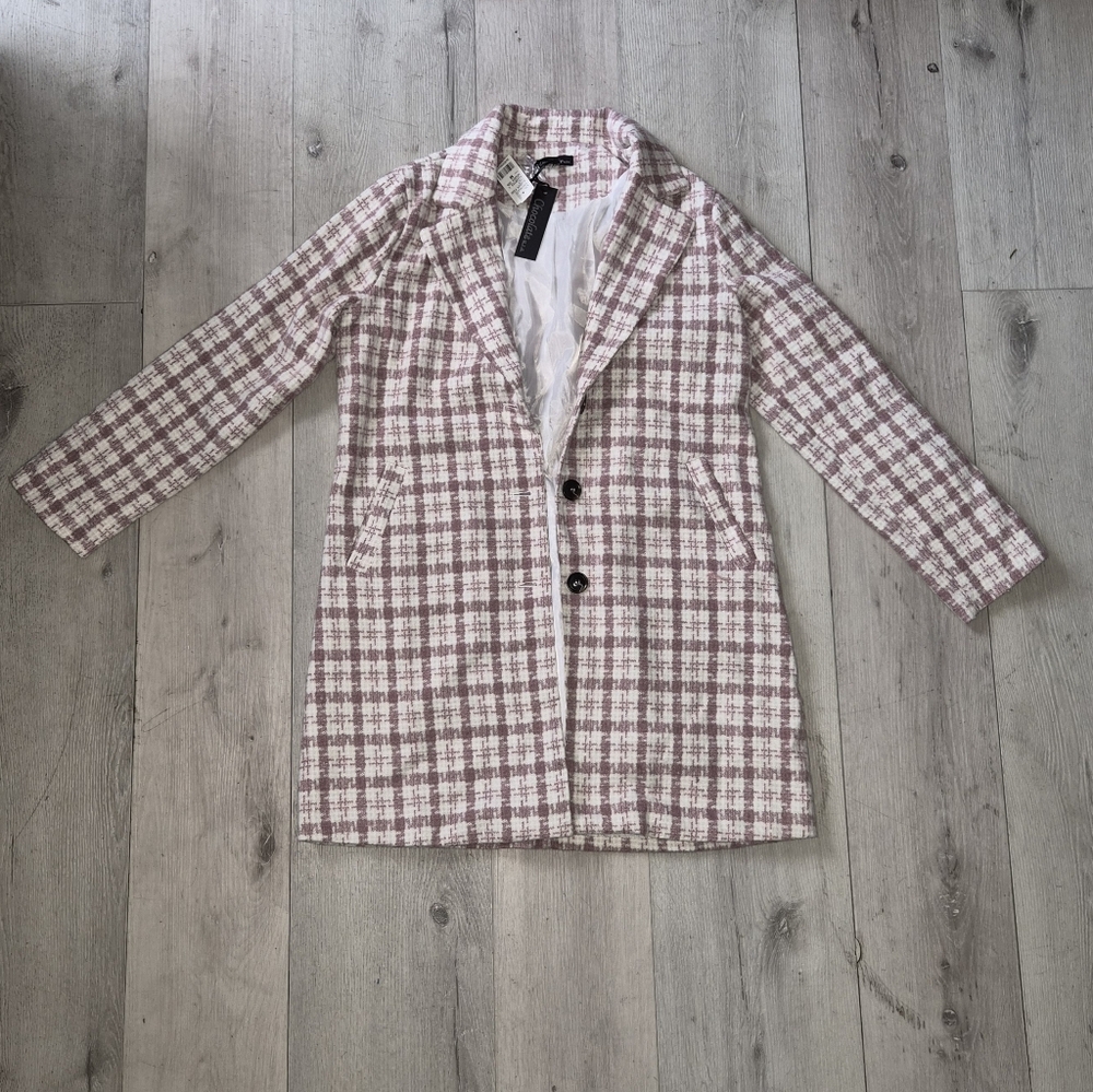 Oversized Pink Blazer Button Down Business Casual Womens Plaid Chic